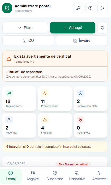 Interfața mobilă a aplicației de pontaj